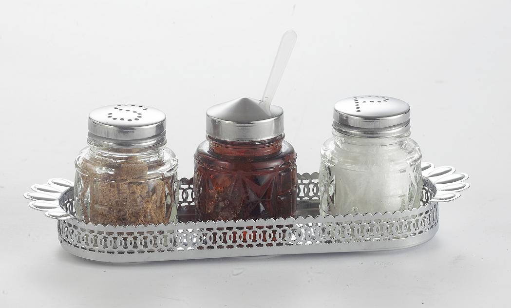 GLASS SALT PEPPER AND MUSTARD SET