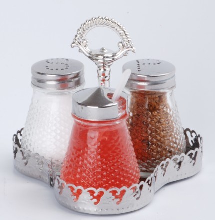 GLASS SALT PEPPER AND MUSTARD SET