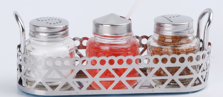 GLASS SALT PEPPER AND MUSTARD SET