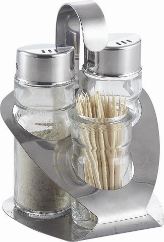 GLASS SALT PEPPER AND TOOTHPICK SET