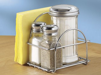 GLASS SALT PEPPER SUGAR AND NAPKIN HOLDER SET