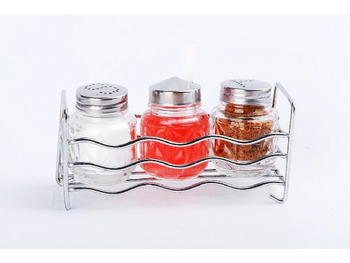 GLASS SALT PEPPER AND MUSTARD SET