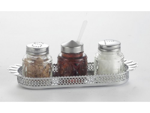GLASS SALT PEPPER AND MUSTARD SET