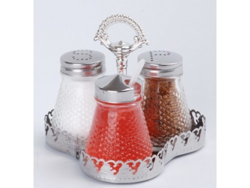 GLASS SALT PEPPER AND MUSTARD SET