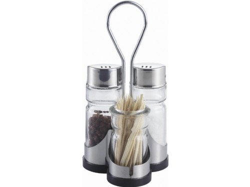 GLASS SALT PEPPER AND TOOTHPICK SET